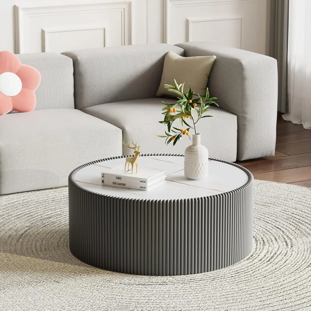 Sintered Stone Top Drum Coffee Table in Grey Leatherette for Living Room or Bedroom, Fully Assembled
Sintered Stone Top Drum Coffee Table in Grey Leatherette for Living Room or Bedroom, Fully Assembled