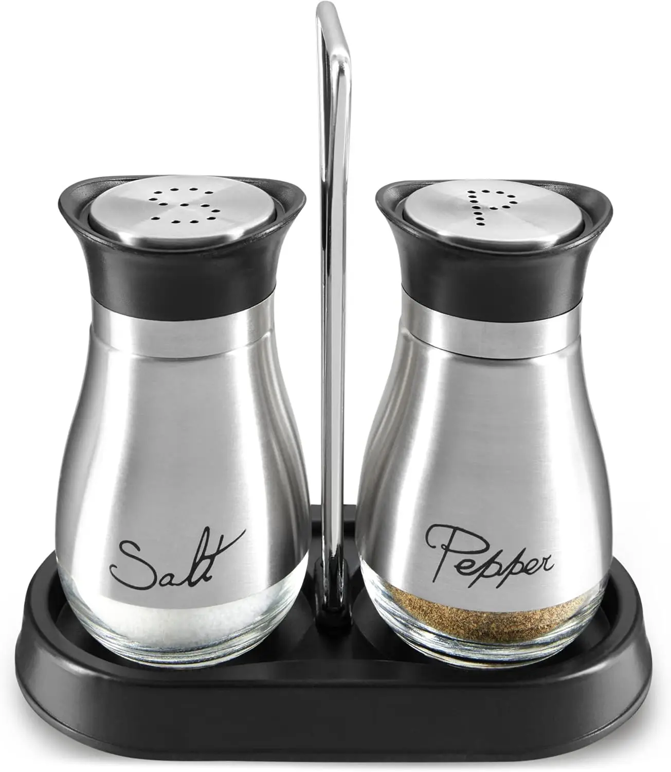 Stainless Steel Salt and Pepper Shakers Set with Holder, Refillable Glass Bottoms, Perforated Caps for Kitchen Decor (4oz)
Stainless Steel Salt and Pepper Shakers Set with Holder, Refillable Glass Bottoms, Perforated Caps for Kitchen Decor (4oz)