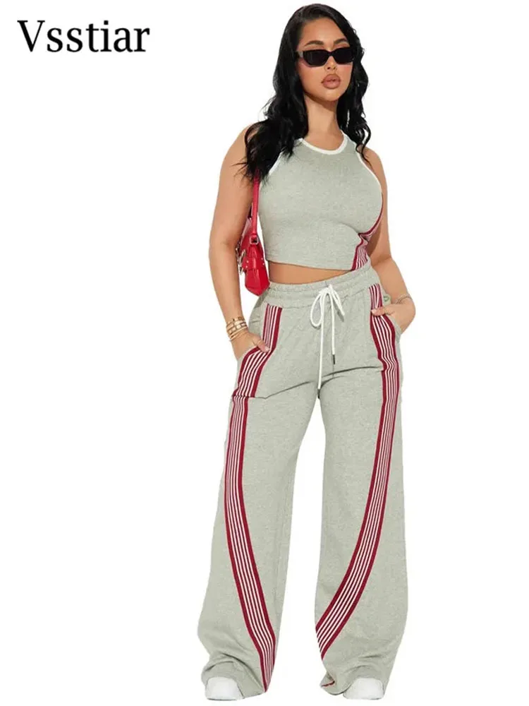 Vsstiar New Fashion Striped Patchwork Women Two Piece Set O Neck Sleeveless Crop Top High Waist Pants Summer Casual Tracksuit
Vsstiar New Fashion Striped Patchwork Women Two Piece Set O Neck Sleeveless Crop Top High Waist Pants Summer Casual Tracksuit