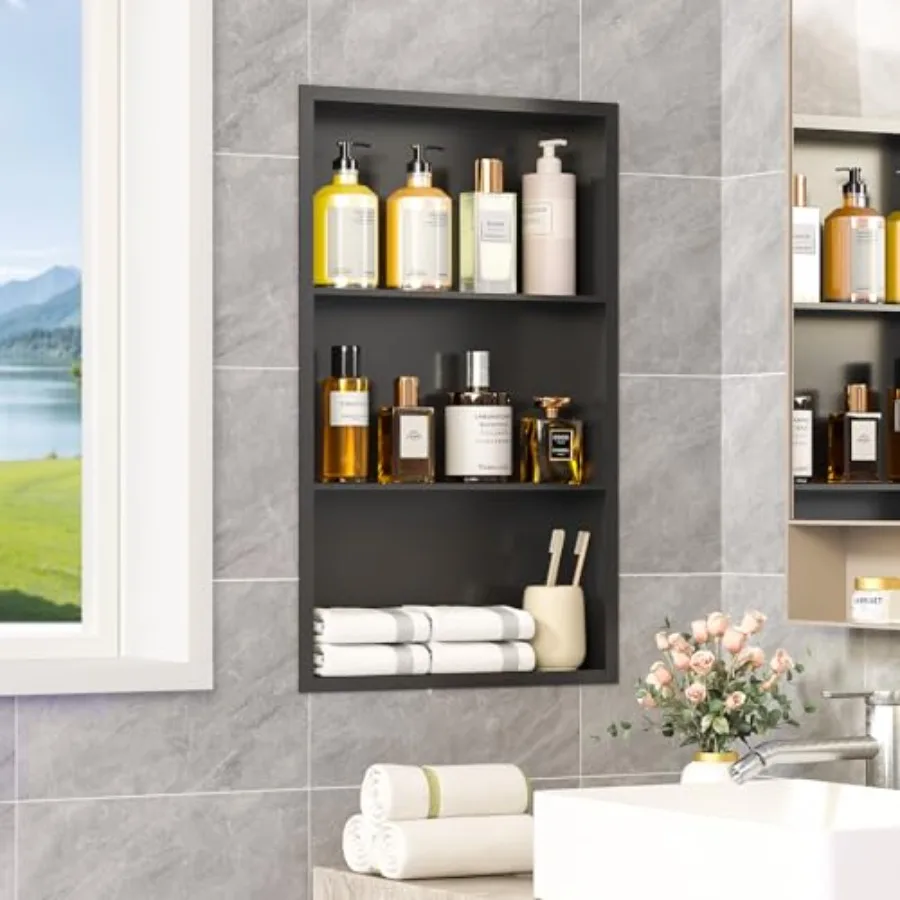 Bathroom recessed medicine cabinet 304 stainless steel matte black 14x24 inches 3-tier shelves for organized storage
Bathroom recessed medicine cabinet 304 stainless steel matte black 14x24 inches 3-tier shelves for organized storage