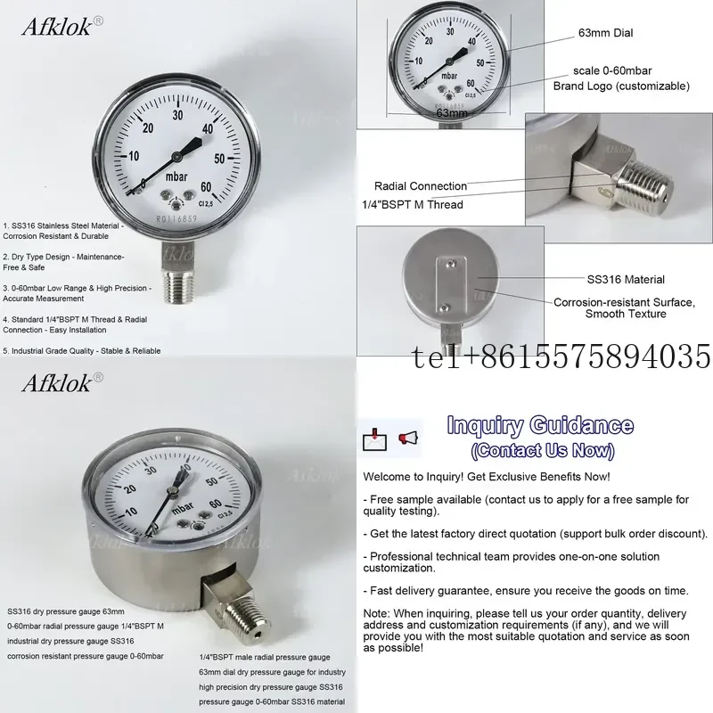 Hot SS316 Dry Pressure Gauge 63mm 0-60mbar 1/4"BSPT M Radial Connection - High Precision Industrial Gauge
Hot SS316 Dry Pressure Gauge 63mm 0-60mbar 1/4"BSPT M Radial Connection - High Precision Industrial Gauge