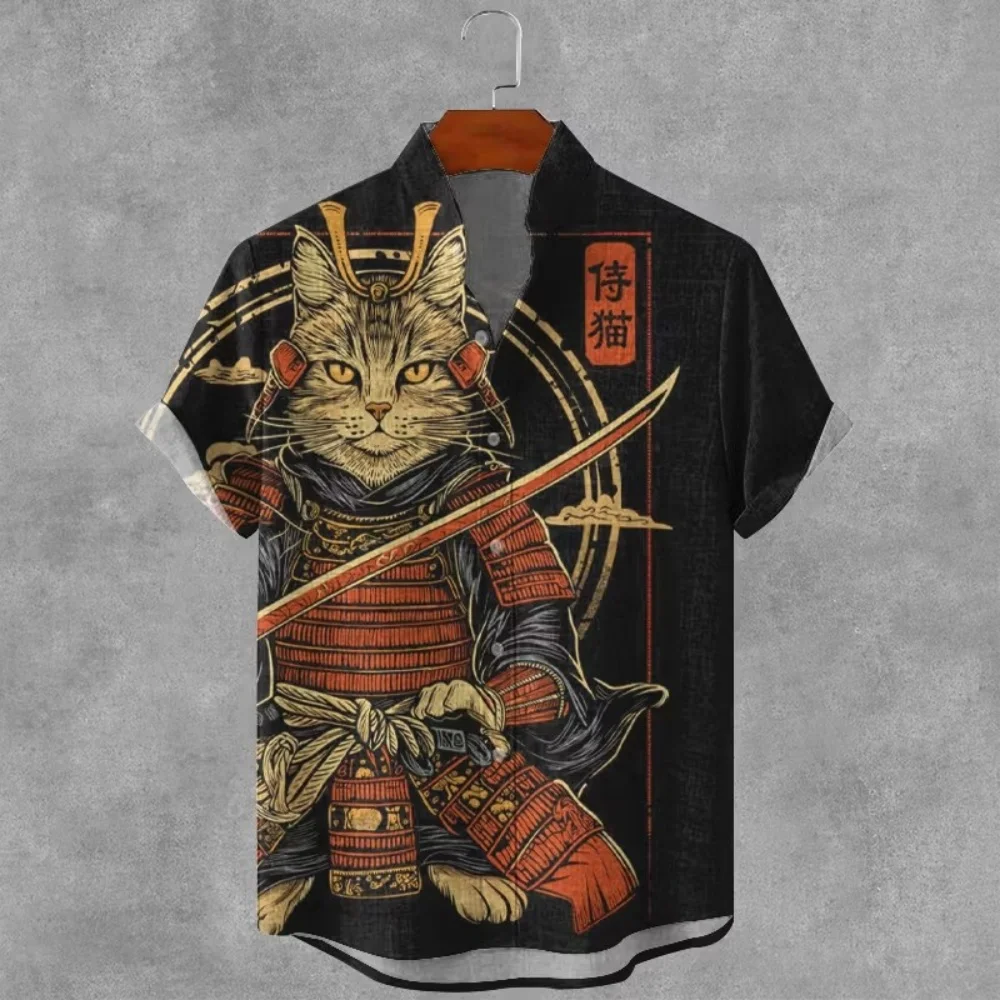 Men's Japanese samurai cat printed short sleeved shirt, retro ukiyo-e standing collar casual linen shirt, men's Hawaiian beach
Men's Japanese samurai cat printed short sleeved shirt, retro ukiyo-e standing collar casual linen shirt, men's Hawaiian beach
