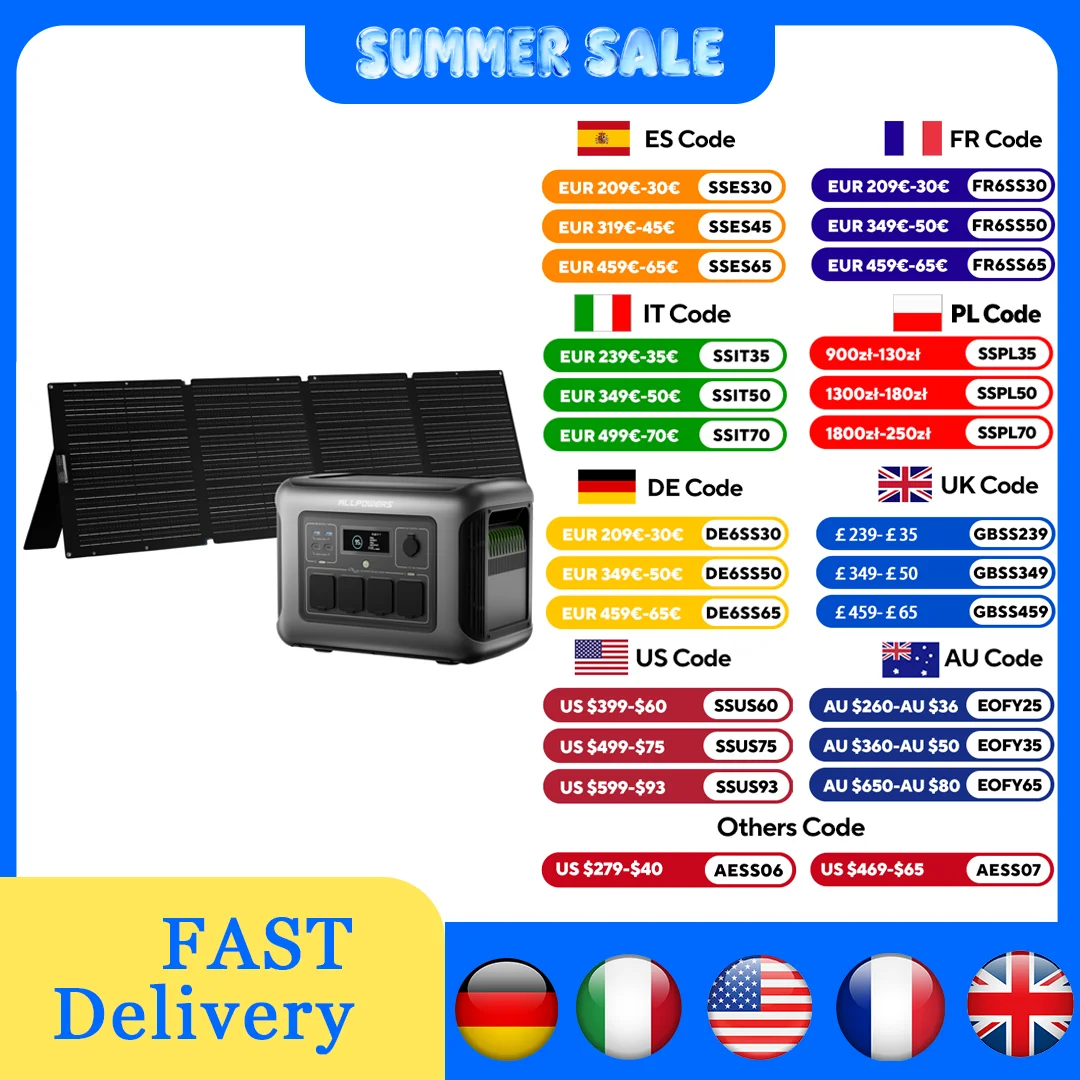 ALLPOWERS R1500 LITE Portable Power Station 1056Wh Solar Generator & Solar Panel 2×100W / 140W / 200W / 400W / 600W for Camping
ALLPOWERS R1500 LITE Portable Power Station 1056Wh Solar Generator & Solar Panel 2×100W / 140W / 200W / 400W / 600W for Camping