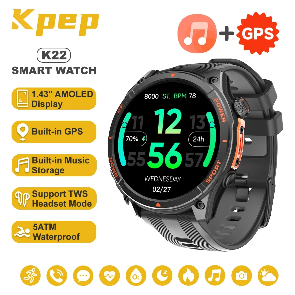 KPEP K22 GPS Смарт-часы 1,43-дюймовый AMOLED-дисплей Встроенный GPS и компас 110+ спортивных режимов Сделать/приемте телефон Фитнес-трекер 5 АТМ
KPEP K22 GPS Смарт-часы 1,43-дюймовый AMOLED-дисплей Встроенный GPS и компас 110+ спортивных режимов Сделать/приемте телефон Фитнес-трекер 5 АТМ