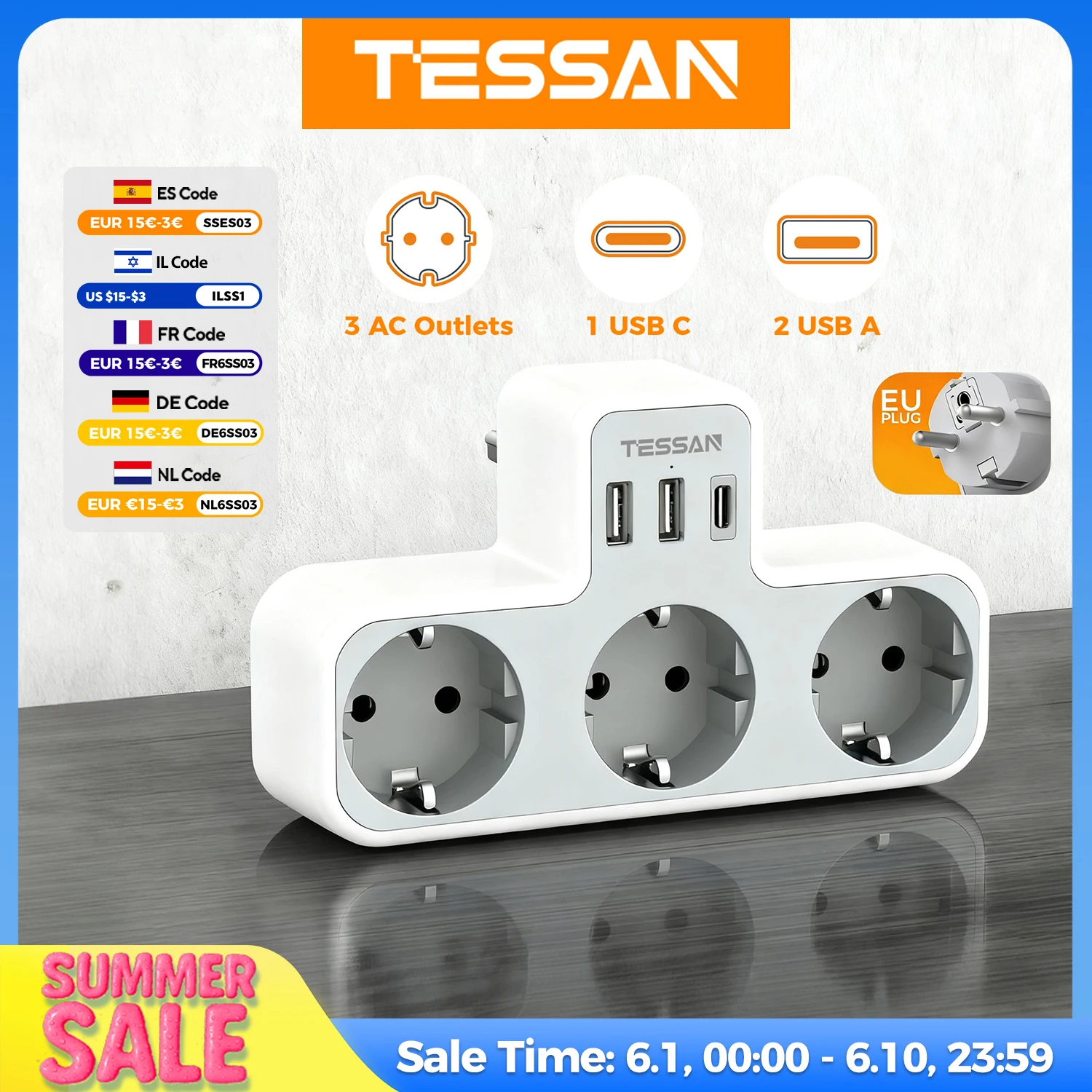 TESSAN Multiple EU Standard USB Socket Wall Socket 6-in-1 Extender Socket with 3 AC Outlets Adapter Wall Charger for Home Office
TESSAN Multiple EU Standard USB Socket Wall Socket 6-in-1 Extender Socket with 3 AC Outlets Adapter Wall Charger for Home Office