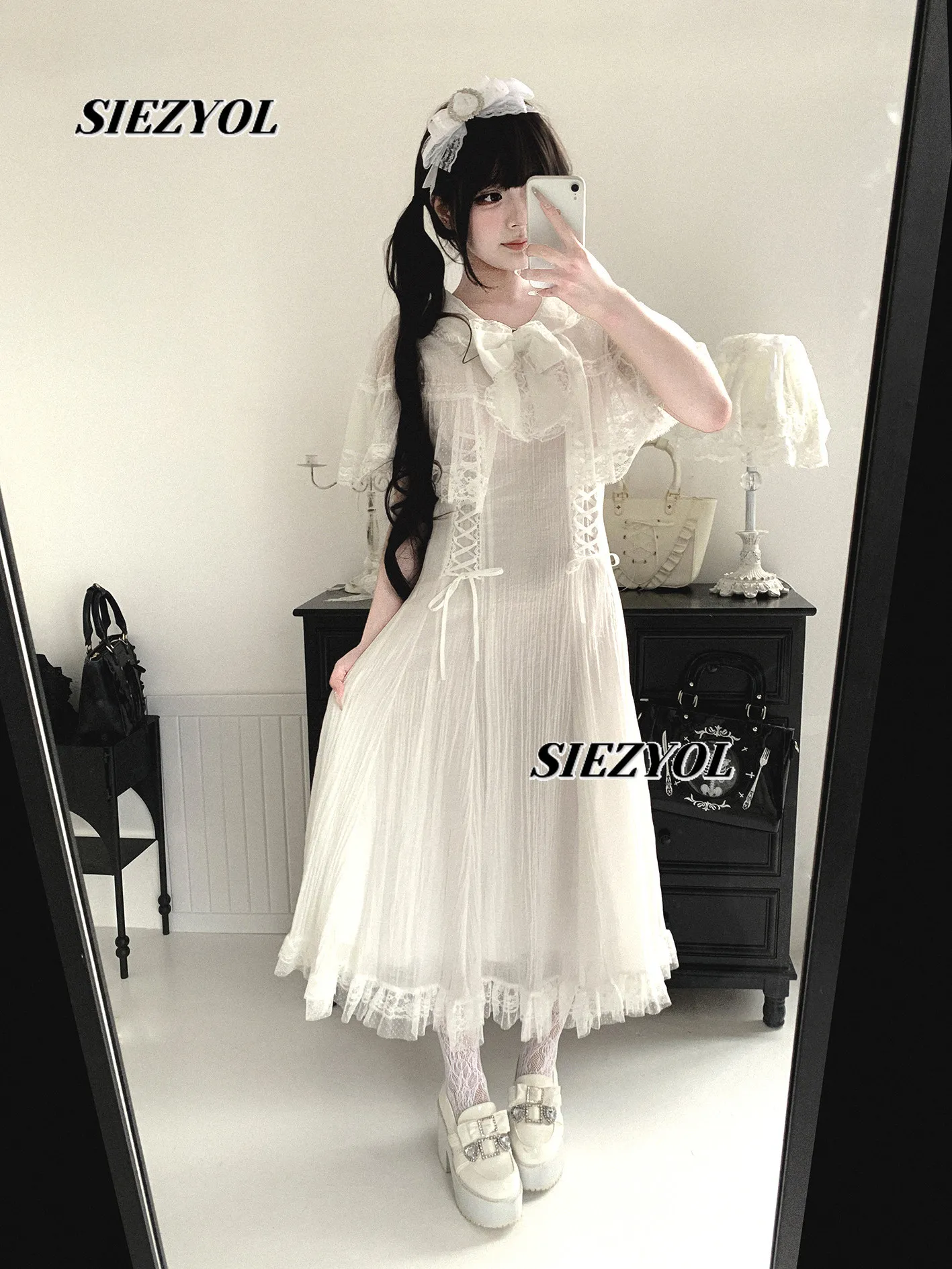 Sweet Cute Girl High Waist Silmming Long Dress Summer New Arrival Original White Bow Lace Cloak Short Sleeve Maxi Dresses
Sweet Cute Girl High Waist Silmming Long Dress Summer New Arrival Original White Bow Lace Cloak Short Sleeve Maxi Dresses