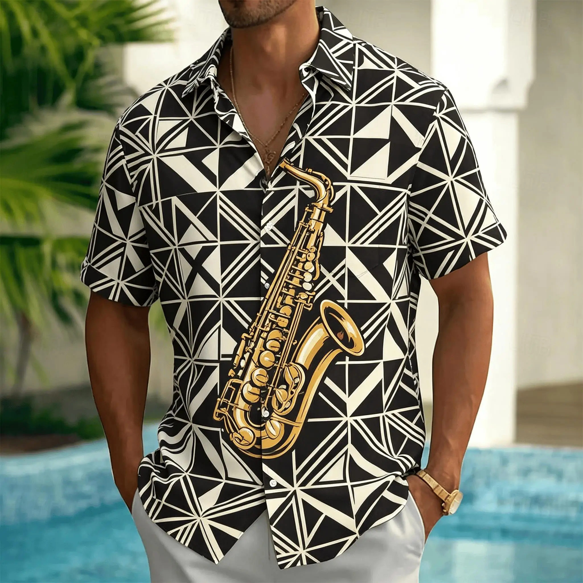 Men's Saxophone Geometric Print Short Sleeve Shirt, Casual Jazz Music Button Up Shirt for Spring & Summer
Men's Saxophone Geometric Print Short Sleeve Shirt, Casual Jazz Music Button Up Shirt for Spring & Summer