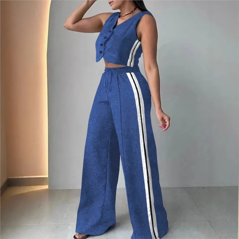 Fashion Side Stripe Splic Women 2 Piece Sets 2025 Summer New Solid Vest Tops And Lace-up Wide Leg Pants Sports Style Casual Set
Fashion Side Stripe Splic Women 2 Piece Sets 2025 Summer New Solid Vest Tops And Lace-up Wide Leg Pants Sports Style Casual Set