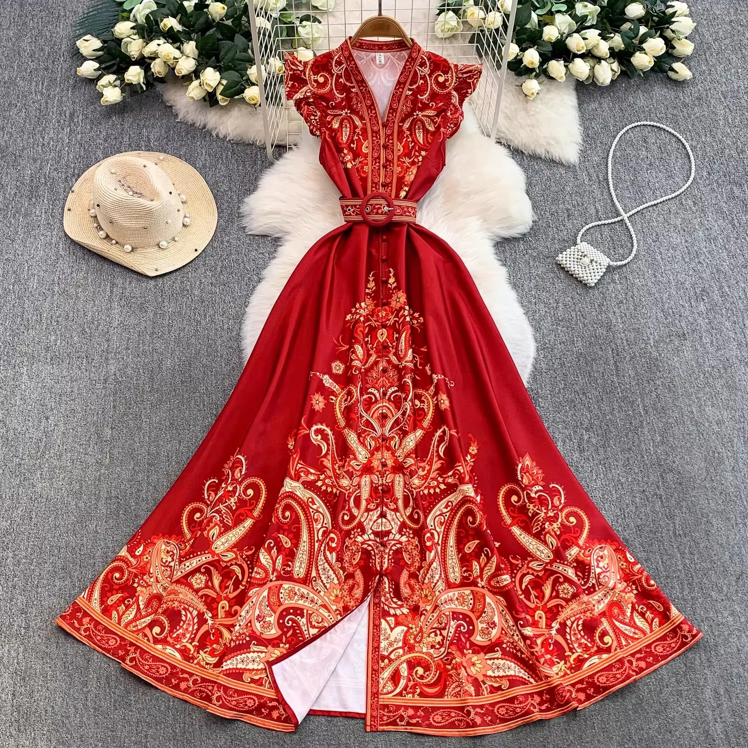 Summer Vintage Paisley Print Holiday Dress For Women V-Neck Ruffle Flying Sleeve Single Breasted Belt Long Vestidos
Summer Vintage Paisley Print Holiday Dress For Women V-Neck Ruffle Flying Sleeve Single Breasted Belt Long Vestidos