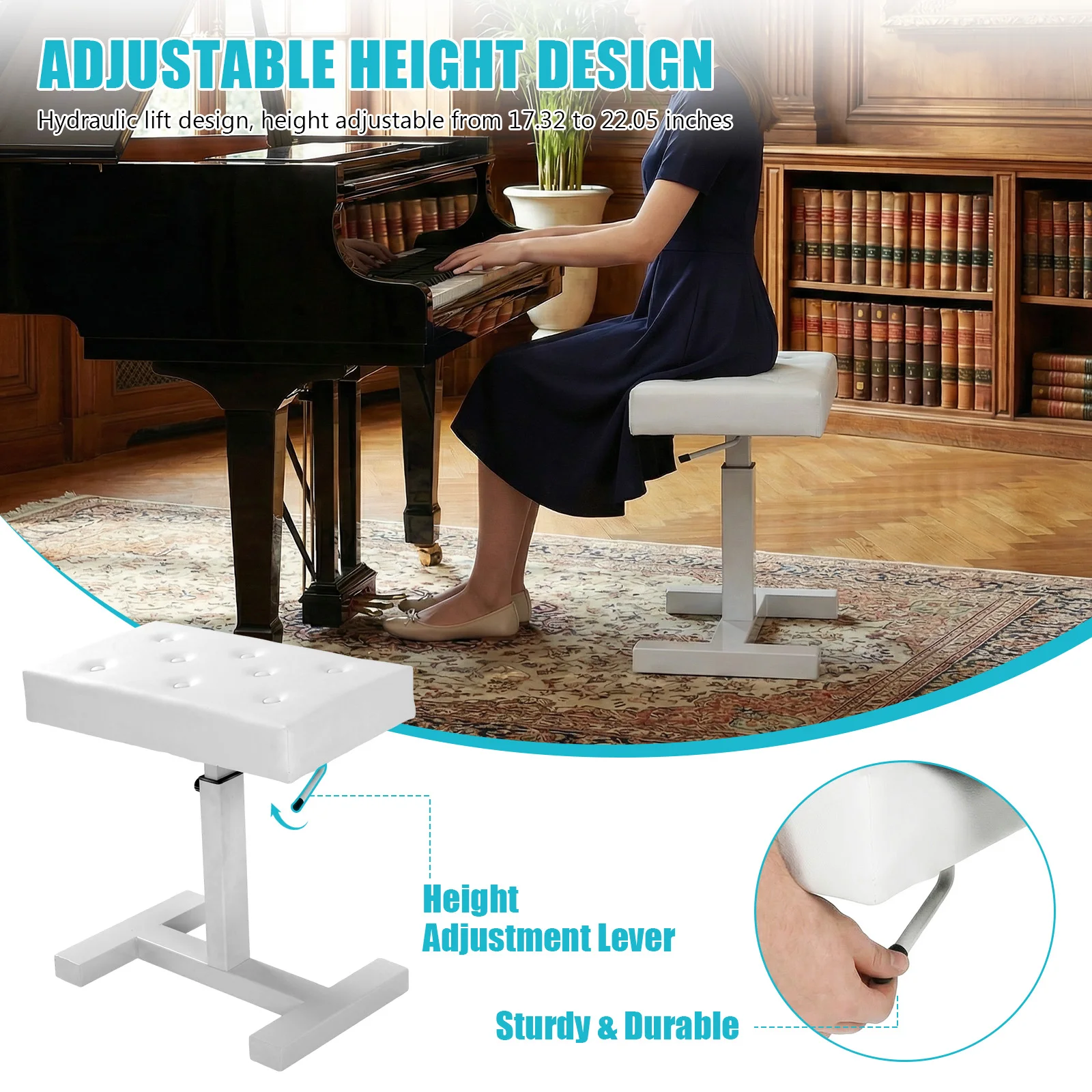 Hydraulic Lifting Music Stool Height Adjustable Keyboard Seat with PU Leather Sponge Cushion for Vanity Living Room Bedroom
Hydraulic Lifting Music Stool Height Adjustable Keyboard Seat with PU Leather Sponge Cushion for Vanity Living Room Bedroom
