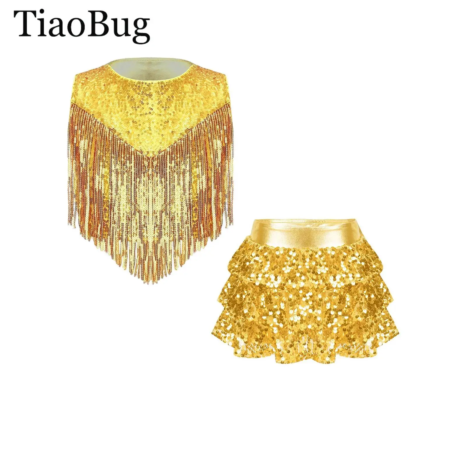 Girls Sequin Jazz Dance Outfit 70S Disco Costume Metallic Tassels Crop Top with Tiered Skirted Shorts Culottes Cheerleading Wear
Girls Sequin Jazz Dance Outfit 70S Disco Costume Metallic Tassels Crop Top with Tiered Skirted Shorts Culottes Cheerleading Wear