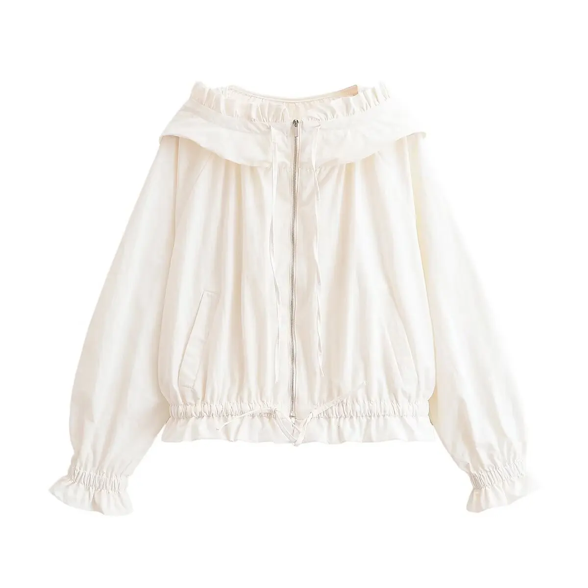 Off White Ruffle Fold Over Collar Zip Up Jacket Double Drawstring Waist Flounce Cuff Side Pockets Loose Cropped Women Outerwear
Off White Ruffle Fold Over Collar Zip Up Jacket Double Drawstring Waist Flounce Cuff Side Pockets Loose Cropped Women Outerwear