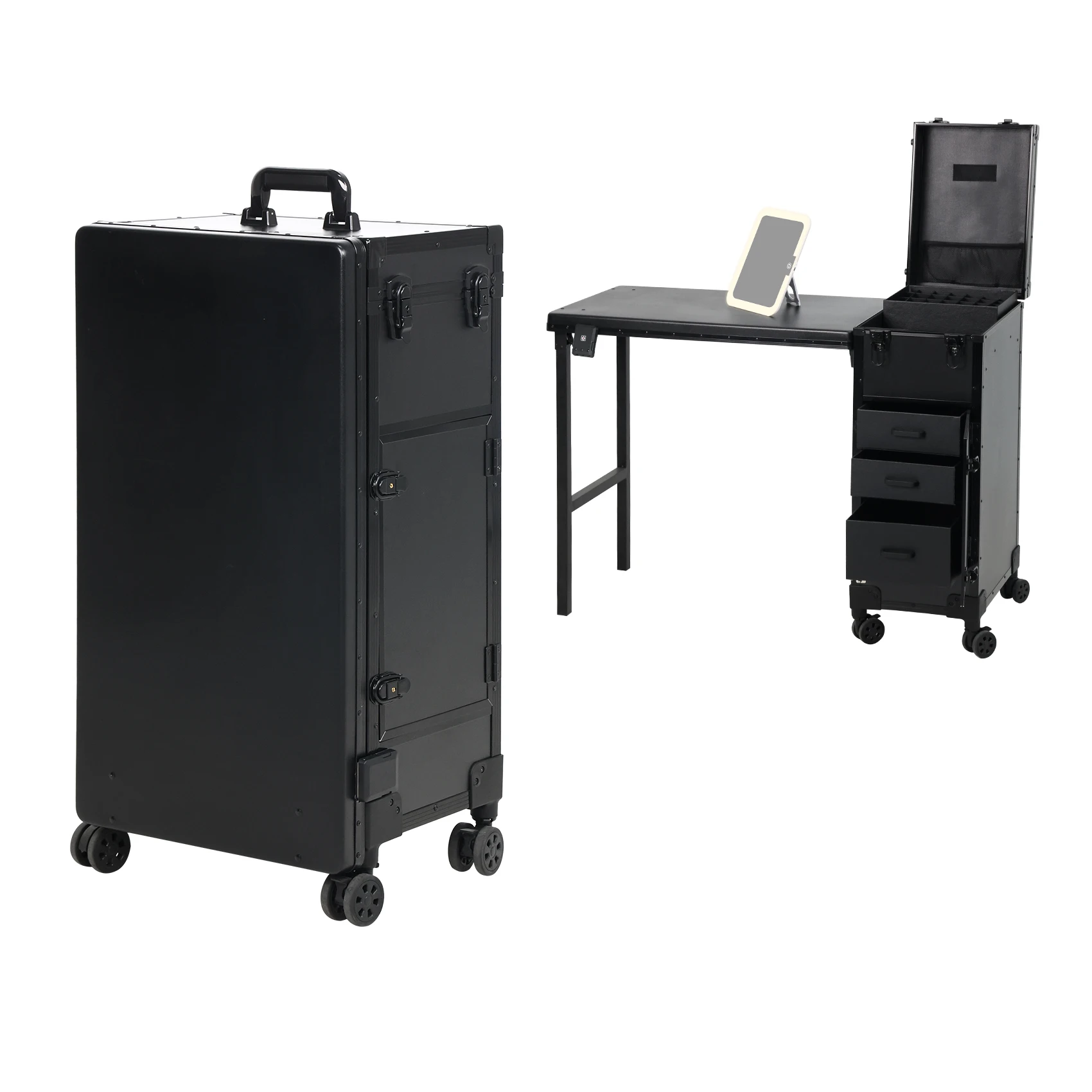 OBOX Trolley OEM/ODM Movable Nail Table With Factory Price With Lighted Mirror Manicure Desk With Drawer Makeup Case
OBOX Trolley OEM/ODM Movable Nail Table With Factory Price With Lighted Mirror Manicure Desk With Drawer Makeup Case