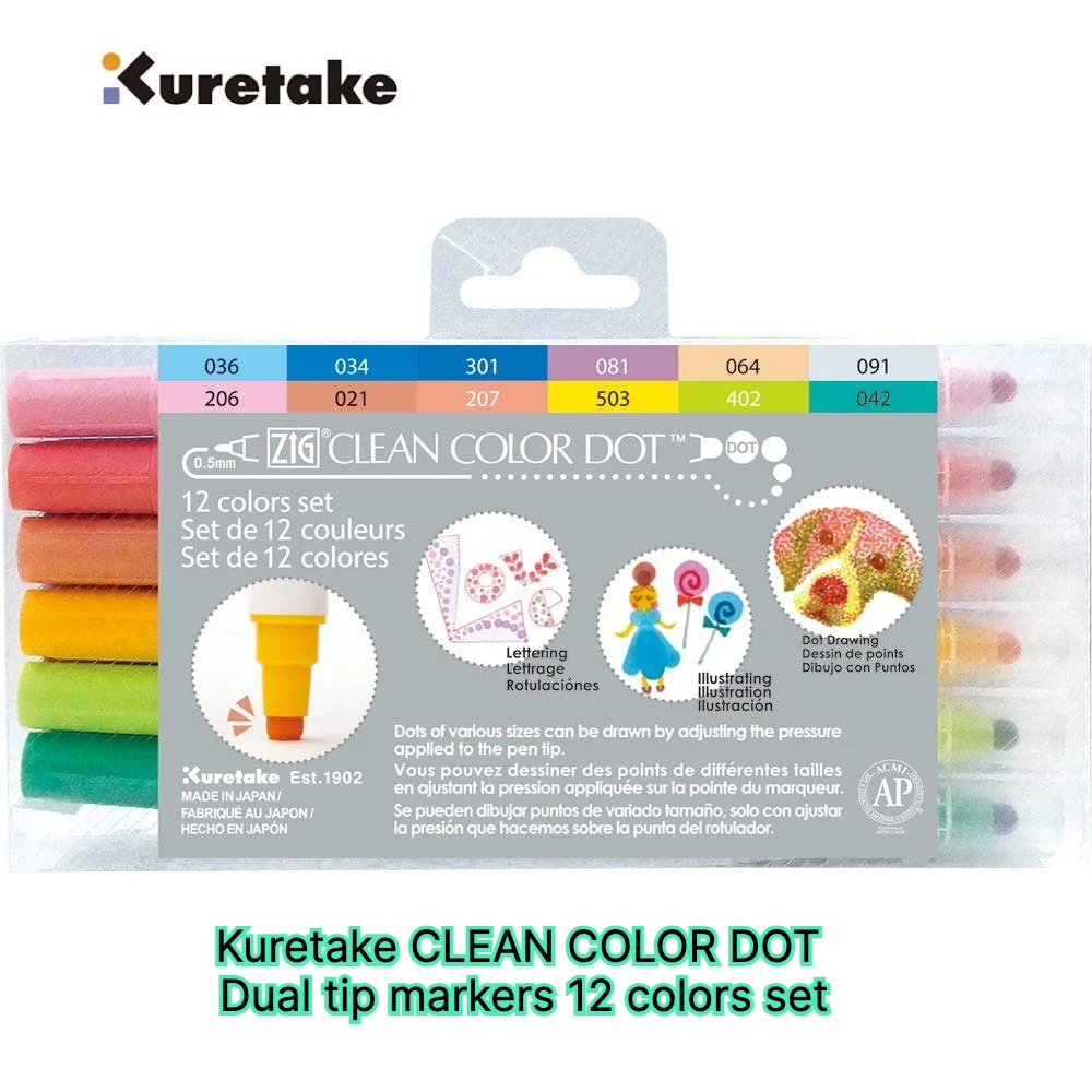 Japan Kuretake CLEAN COLOR DOT Dual tip markers 6/12 colors set, 0.5mm fine tip and a flexible dot tip, for Journals, Crafts
Japan Kuretake CLEAN COLOR DOT Dual tip markers 6/12 colors set, 0.5mm fine tip and a flexible dot tip, for Journals, Crafts