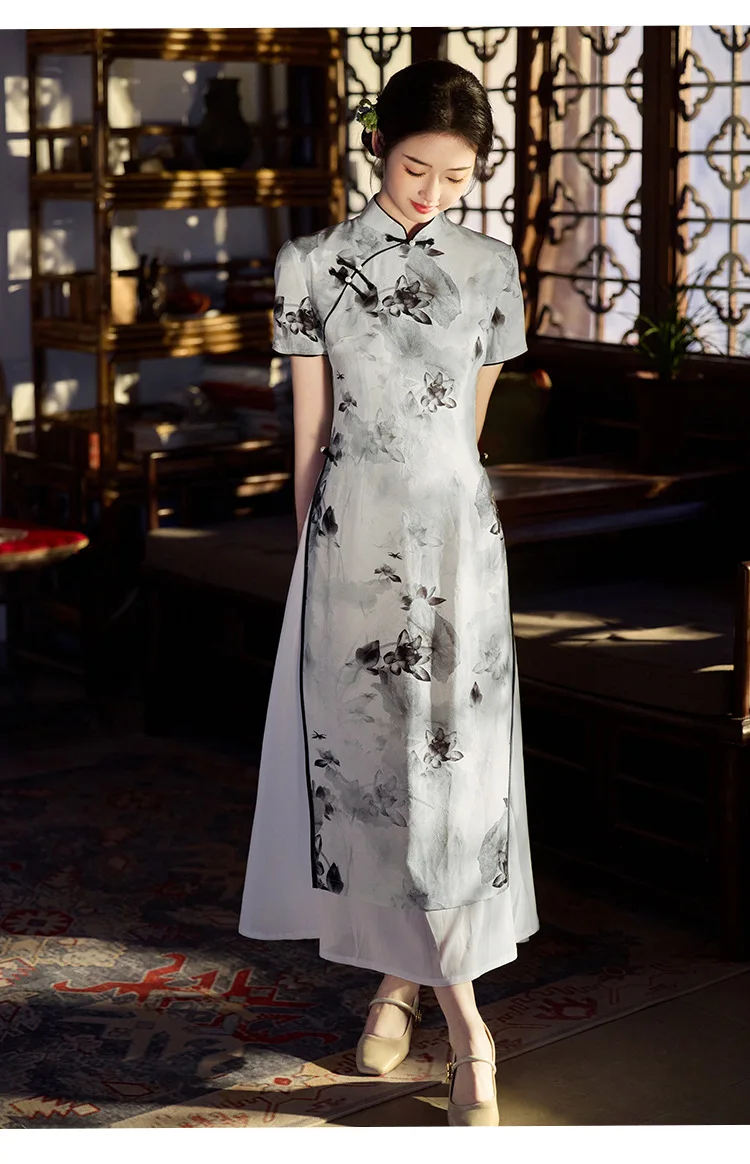 Women Chinese Traditional Hanfu Lotus Print Cheongsam Short Sleeve Chiffon Aodai Qipao Vintage Chinese Style Dresses
Women Chinese Traditional Hanfu Lotus Print Cheongsam Short Sleeve Chiffon Aodai Qipao Vintage Chinese Style Dresses