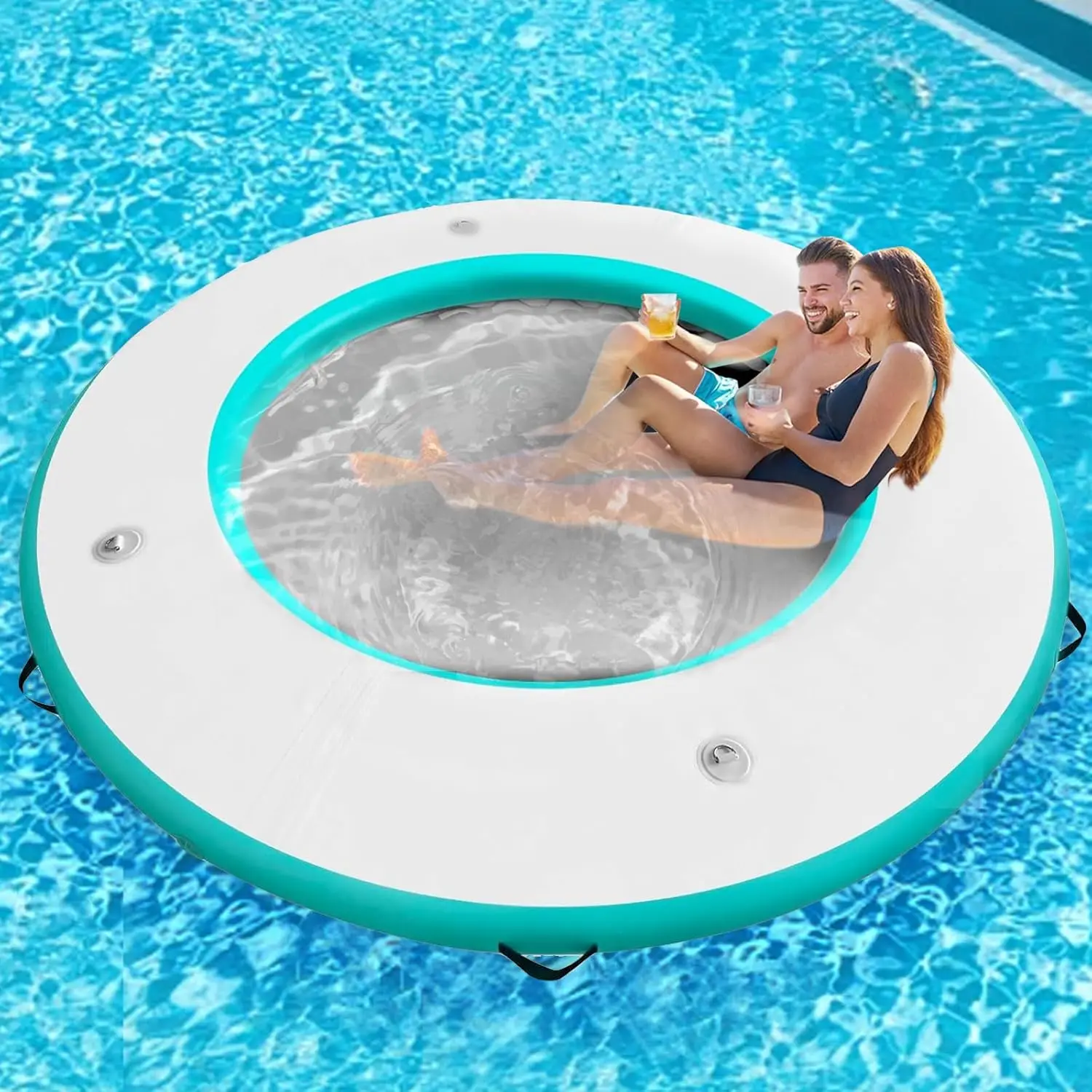 Custom Inflatable Dock Round Floating Island Ocean Water Platform Lounge Pool Float Ring With Mesh Net For Lake