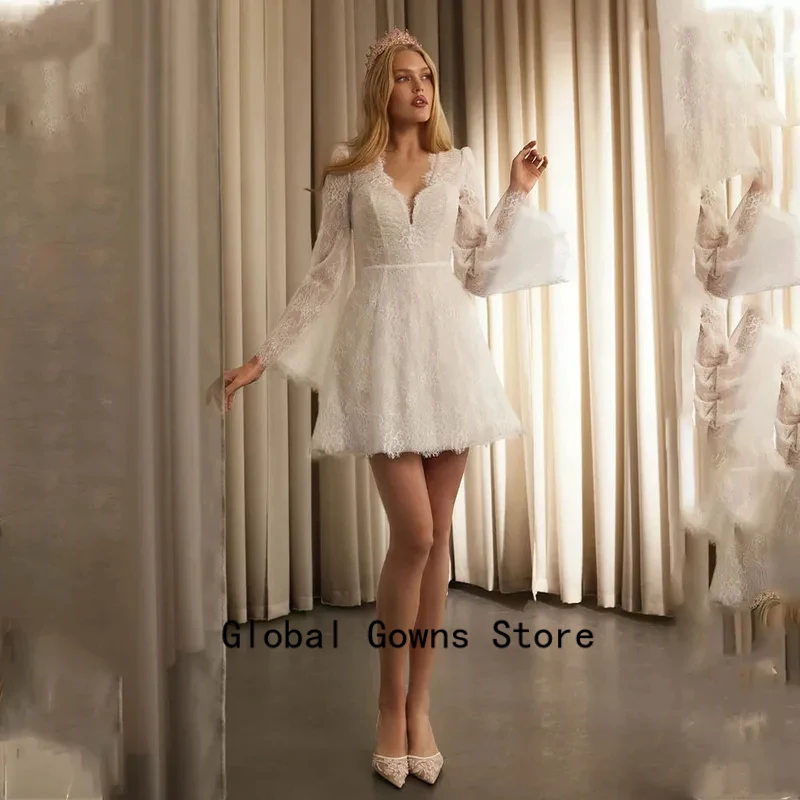 Charming Lace V-neck Long Sleeves Wedding Dress Short/Mini Custom Made 2026 Vestido De NoivalCustomized
Charming Lace V-neck Long Sleeves Wedding Dress Short/Mini Custom Made 2026 Vestido De NoivalCustomized