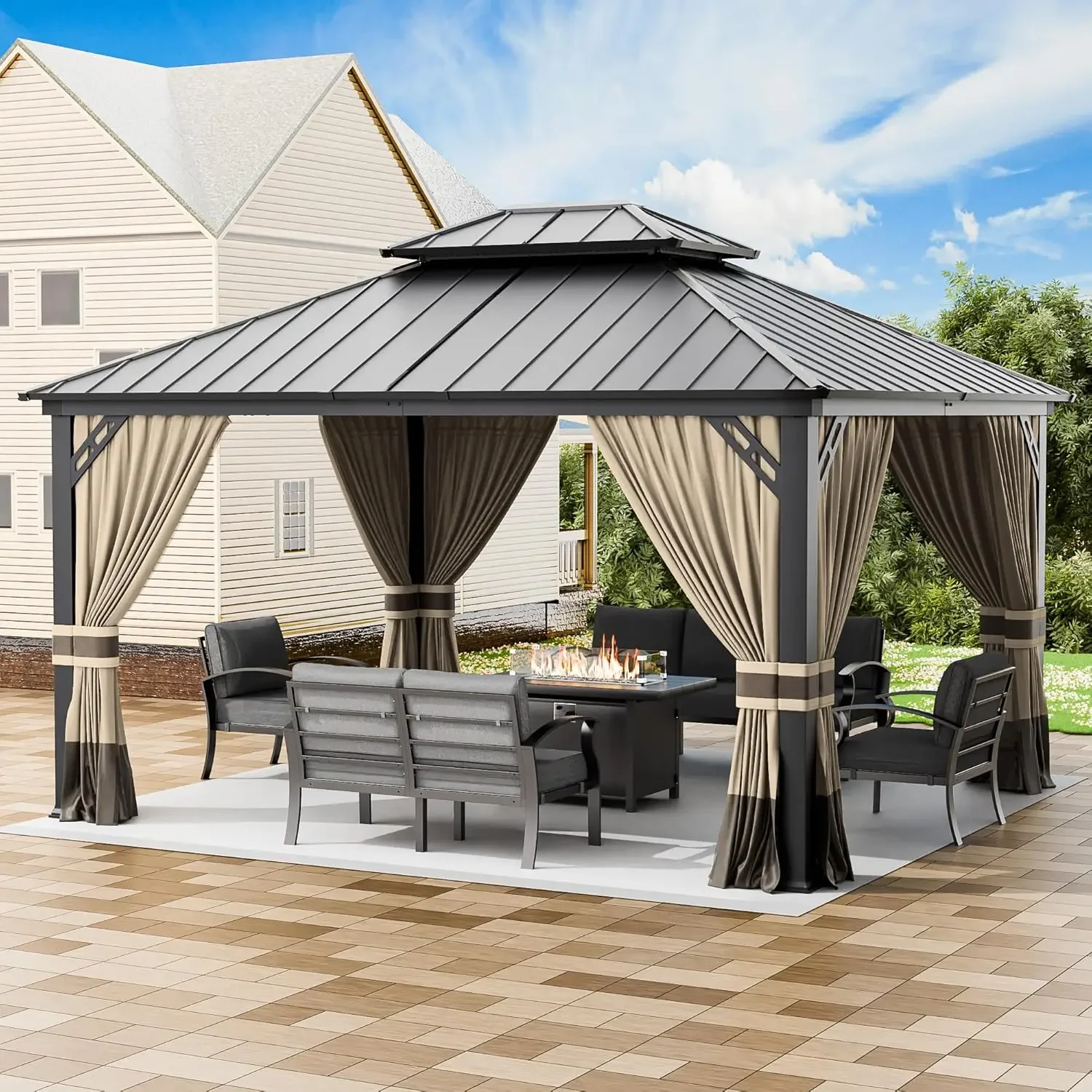12'x14' Hardtop Gazebo: Aluminum Frame, Galvanized Steel Double Roof, Netting & Curtains, Brown, for Patio, Lawn, Backyard, Deck
12'x14' Hardtop Gazebo: Aluminum Frame, Galvanized Steel Double Roof, Netting & Curtains, Brown, for Patio, Lawn, Backyard, Deck
