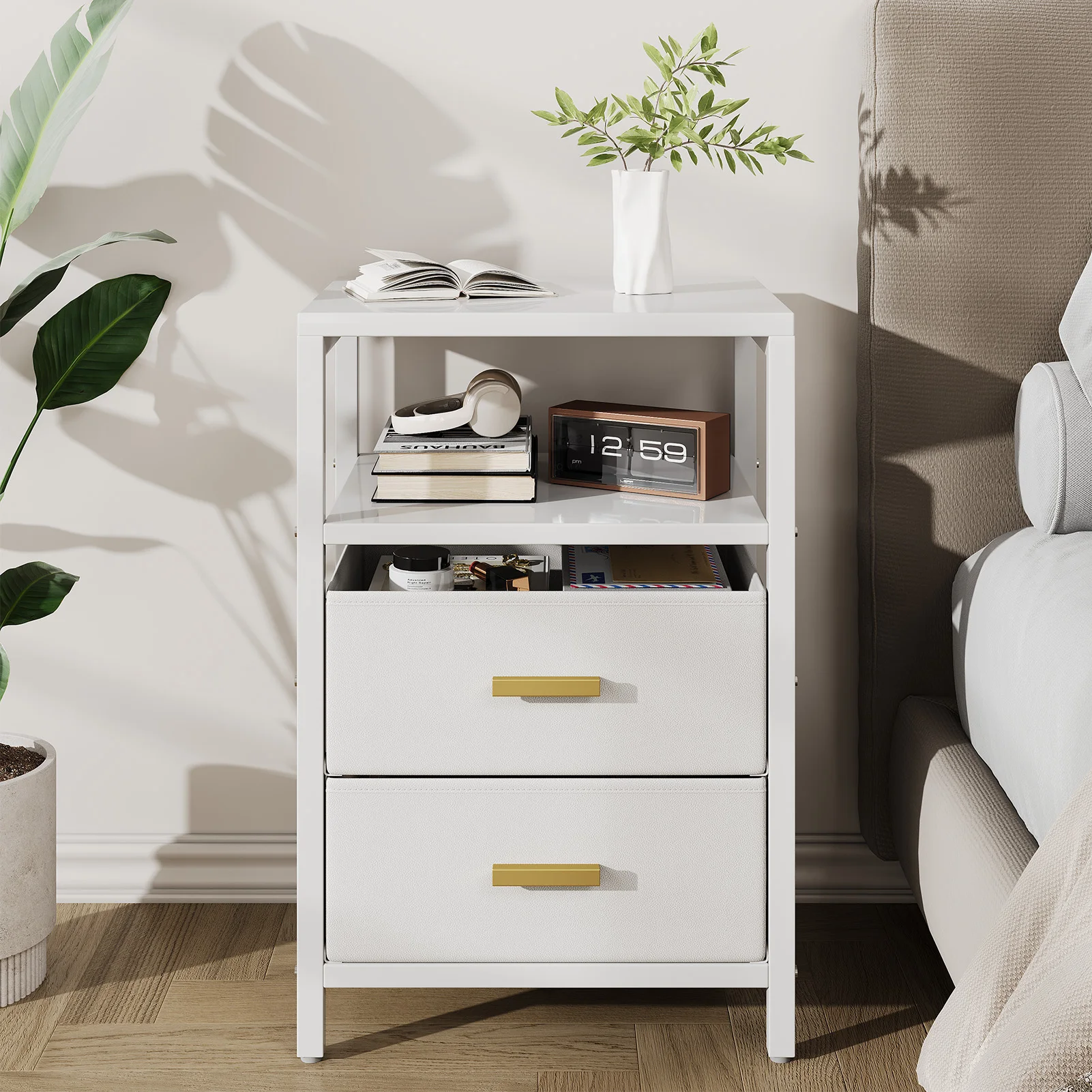 Bedside End Table Particle Board Modern Nightstand with 2 Fabric Drawers for Bedroom Living Room White
Bedside End Table Particle Board Modern Nightstand with 2 Fabric Drawers for Bedroom Living Room White