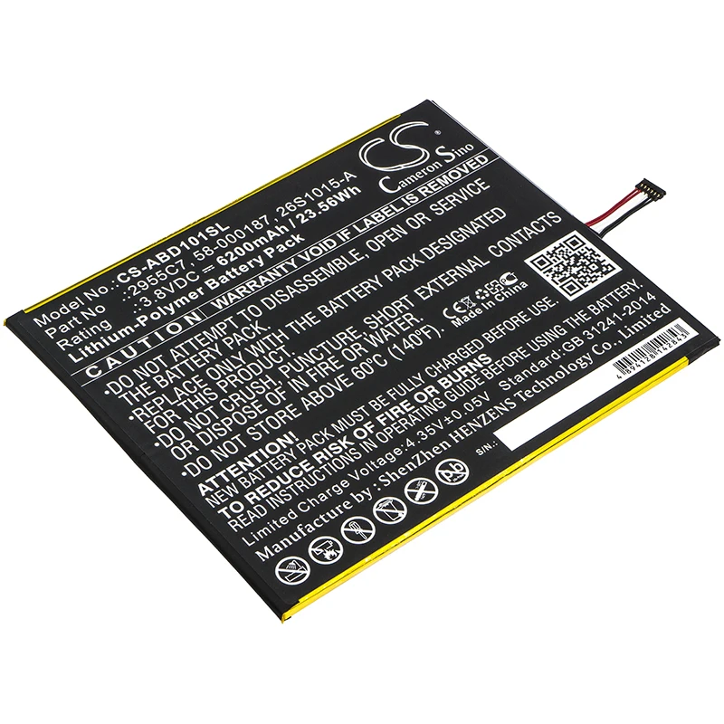 Li-Polymer Tablet Battery for Amazon, 3.8V, 6200mAh, Compatible Models: Kindle Fire HD 10.1, Kindle Fire HD 10.1 7th, SL056ZE
Li-Polymer Tablet Battery for Amazon, 3.8V, 6200mAh, Compatible Models: Kindle Fire HD 10.1, Kindle Fire HD 10.1 7th, SL056ZE