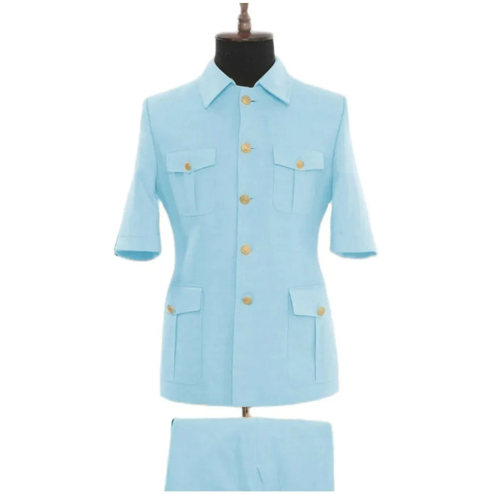2 Pieces Short Sleeves Men's Suit Jacket with Long Pants Summer Male Clothing 4 Gold Buttons Wedding Groom Blazer Set
2 Pieces Short Sleeves Men's Suit Jacket with Long Pants Summer Male Clothing 4 Gold Buttons Wedding Groom Blazer Set