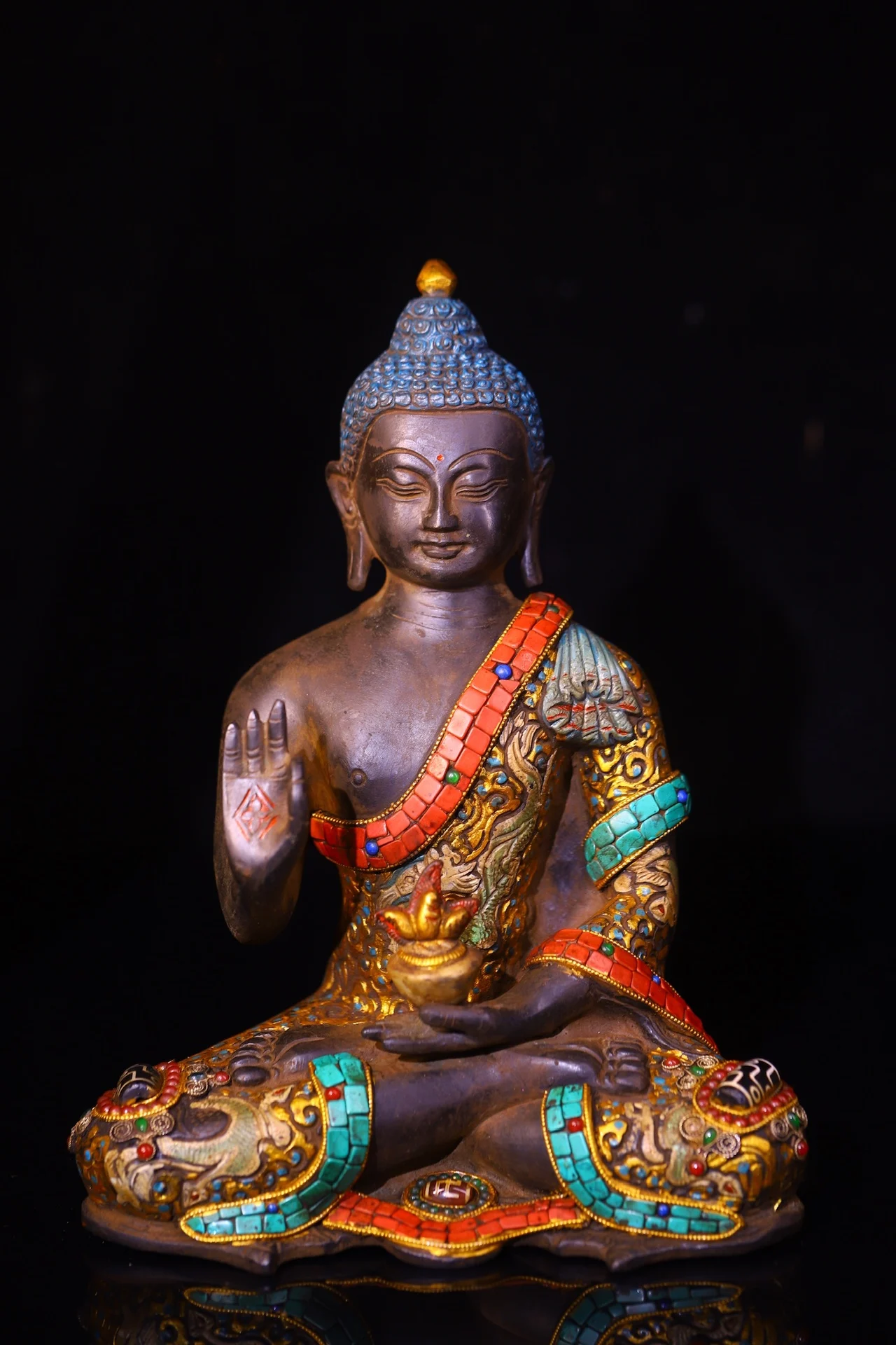 10"Tibetan Temple Collection Old Bronze Painted Mosaic Gem gZi Beads Turquoise Shakyamuni Sitting Buddha Amitabha Worship Hall
10"Tibetan Temple Collection Old Bronze Painted Mosaic Gem gZi Beads Turquoise Shakyamuni Sitting Buddha Amitabha Worship Hall