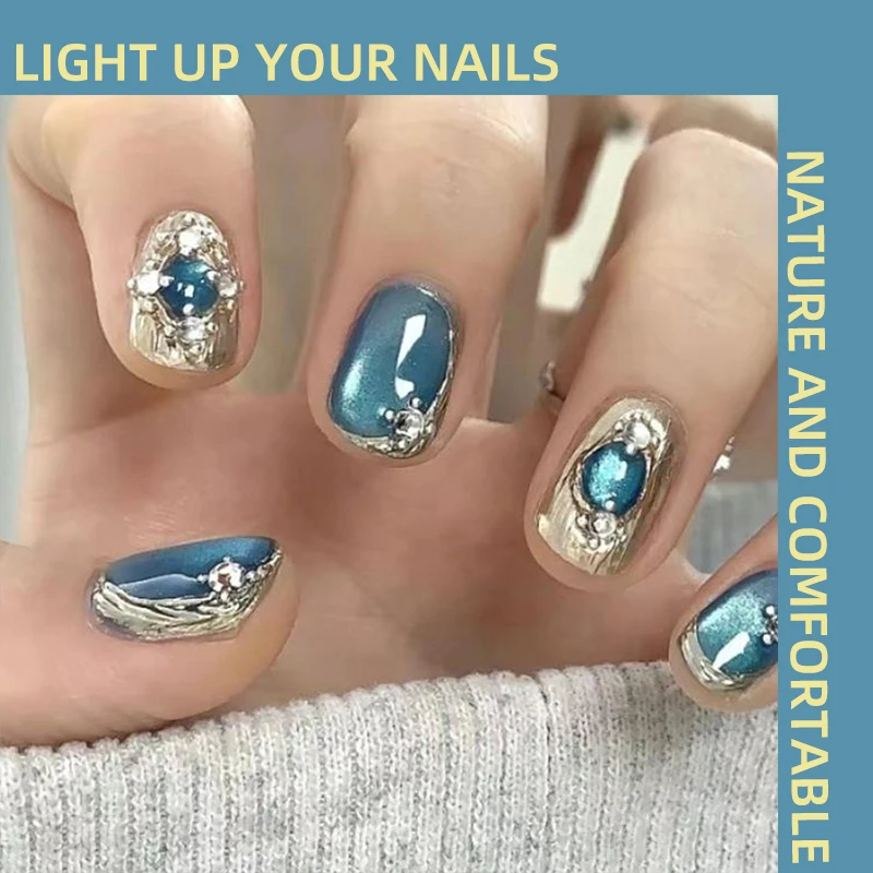 Blue Crystal Cat Eye Effect Handmade Press on Nails Wearable Nail Set with Metal Rhinestones Simple French Nail Art
Blue Crystal Cat Eye Effect Handmade Press on Nails Wearable Nail Set with Metal Rhinestones Simple French Nail Art