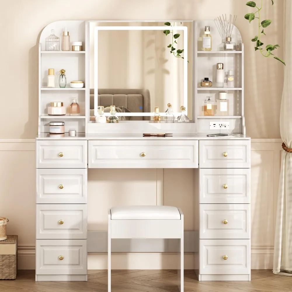 Makeup Vanity Desk with Mirror and Lights, & Power Outl,Glass Top Big Vanity Table with 9 Drawers& 8 Storage Shelves
Makeup Vanity Desk with Mirror and Lights, & Power Outl,Glass Top Big Vanity Table with 9 Drawers& 8 Storage Shelves