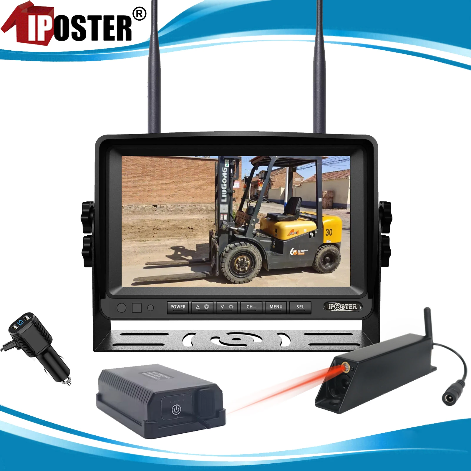 iPoster Digital Wireless 7" DVR Monitor Standby Mode 1080P Forklift Front View Camera Laser Positioning Magnetic Base Battery 
iPoster Digital Wireless 7" DVR Monitor Standby Mode 1080P Forklift Front View Camera Laser Positioning Magnetic Base Battery