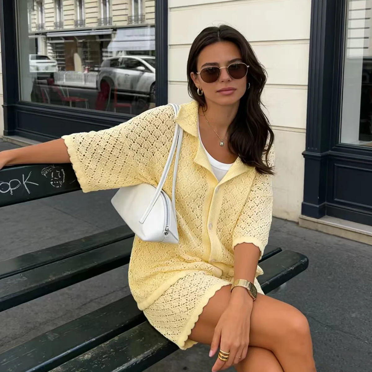 Solid Color Knit Short Sleeve Top and Tie Shorts Set, Beach Style,Vacation Travel Casual Hollow Out Fitted Cover-Up Set
Solid Color Knit Short Sleeve Top and Tie Shorts Set, Beach Style,Vacation Travel Casual Hollow Out Fitted Cover-Up Set