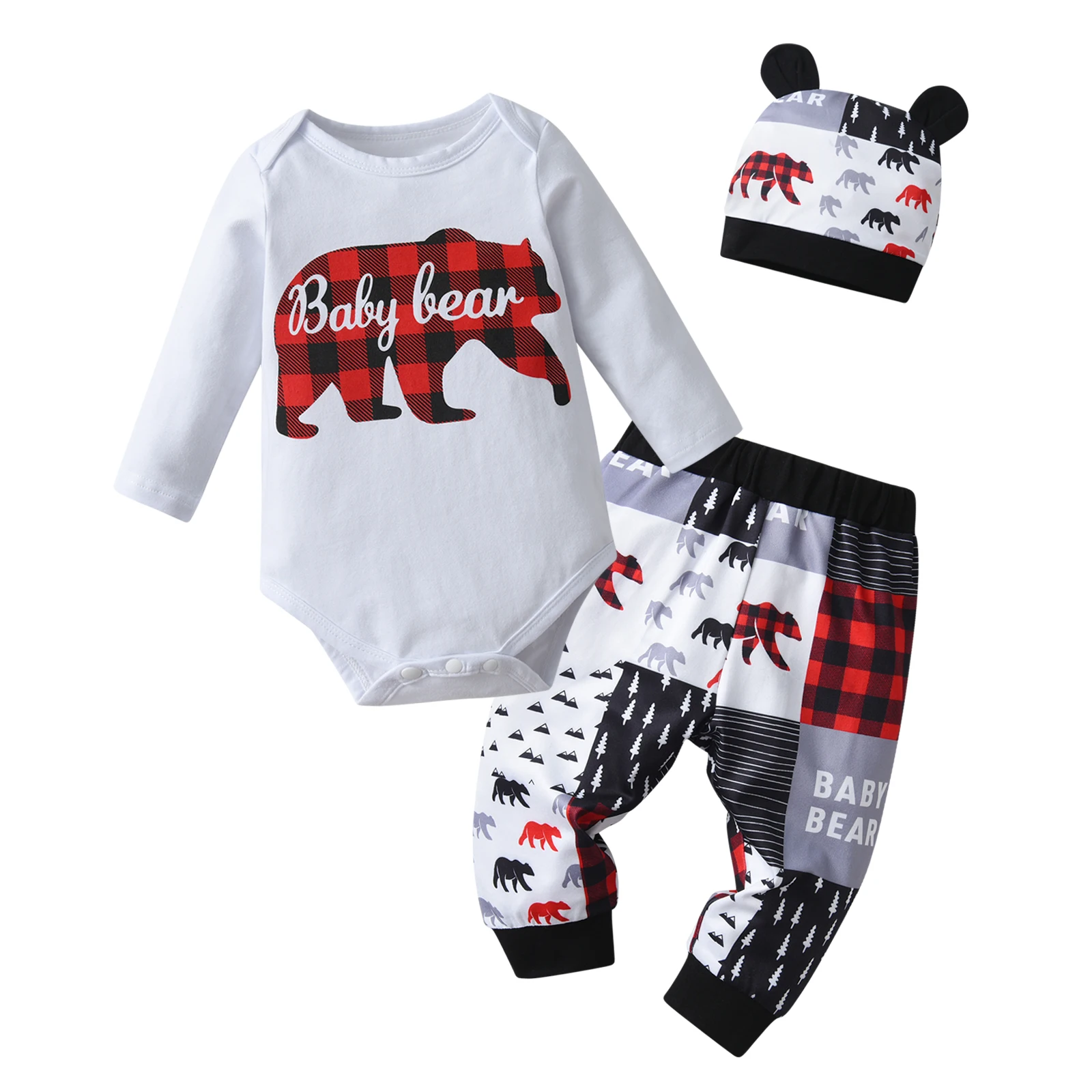 Newborn Baby Boy Clothes Set Long Sleeve Bear Print Romper Top and Fashion Infant Pants Hat Outfit
Newborn Baby Boy Clothes Set Long Sleeve Bear Print Romper Top and Fashion Infant Pants Hat Outfit