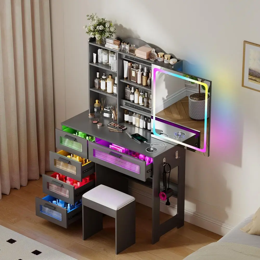 Desk with Mirror and Adjustable RGB Lights,Large 6 Drawers Makeup Table with Charging Station for Women and Girls, Bedroom or D
Desk with Mirror and Adjustable RGB Lights,Large 6 Drawers Makeup Table with Charging Station for Women and Girls, Bedroom or D