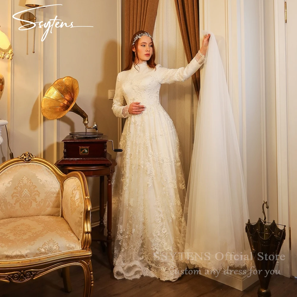 SSYTENS Vintage Ivory Wedding Dresses High Collar Long Sleeves Bridal Gowns Appliques Lace Muslim Bride Dresses Customized 2025
SSYTENS Vintage Ivory Wedding Dresses High Collar Long Sleeves Bridal Gowns Appliques Lace Muslim Bride Dresses Customized 2025