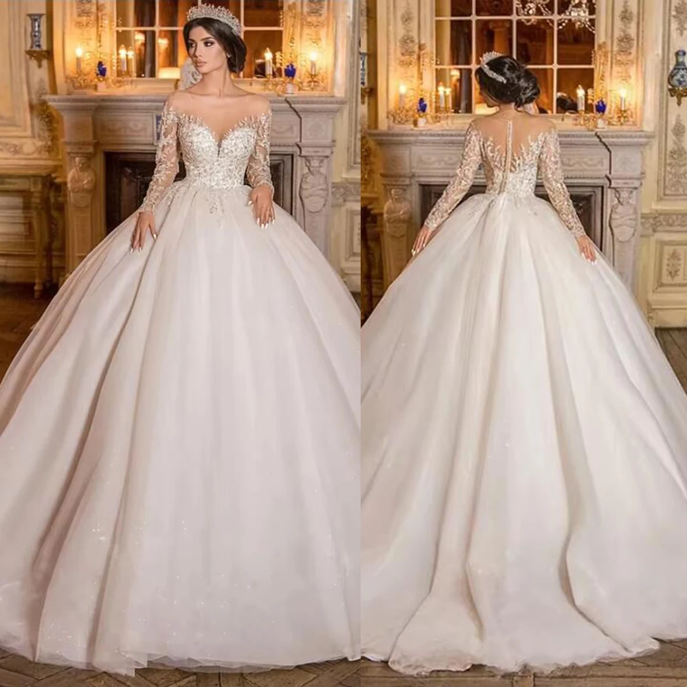 Exquisite A Line Wedding Dress Sheer Tulle Lace Beaded Applique Bridal Gowns Customized Illusion Long Sleeve Vestidos De Noiva
Exquisite A Line Wedding Dress Sheer Tulle Lace Beaded Applique Bridal Gowns Customized Illusion Long Sleeve Vestidos De Noiva