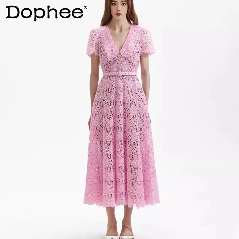 Elegant Bubble Sleeve Lace Dress for Women 2024 Spring Summer Sweet Pink Lapel High Waist Tight Mid-Length Dress Vintage Dress
Elegant Bubble Sleeve Lace Dress for Women 2024 Spring Summer Sweet Pink Lapel High Waist Tight Mid-Length Dress Vintage Dress