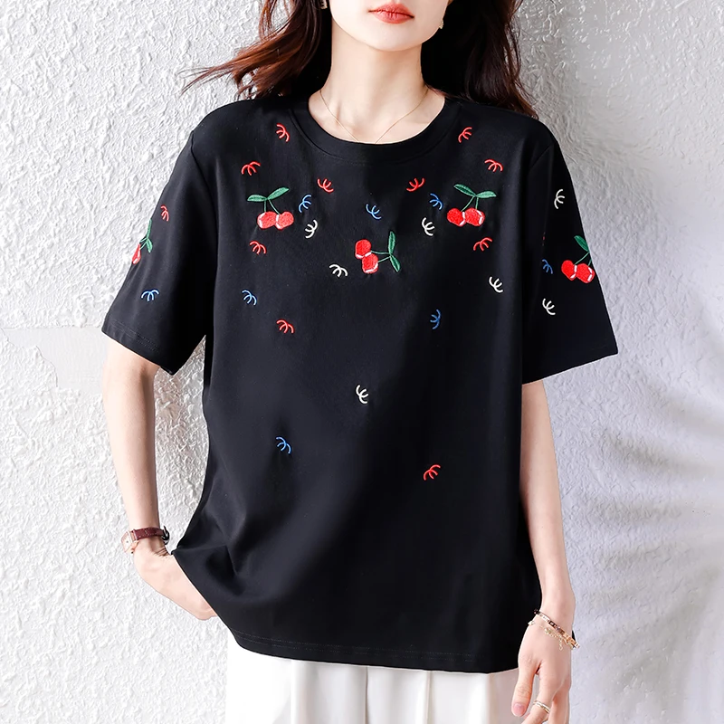 Fashion Cherry Embroidery Black Short Sleeved Oversized T Shirt Women's Clothing Summer Casual Loose Tops Tees Graphic T Shirts
Fashion Cherry Embroidery Black Short Sleeved Oversized T Shirt Women's Clothing Summer Casual Loose Tops Tees Graphic T Shirts