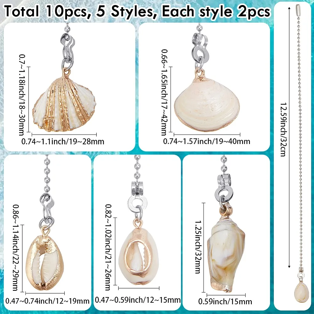 16Pcs 8 Styles Shell Charms Ceiling Fan Pull Chain Extenders with Iron Ball Chain Platinum 335~350mm 2pcs/style
16Pcs 8 Styles Shell Charms Ceiling Fan Pull Chain Extenders with Iron Ball Chain Platinum 335~350mm 2pcs/style