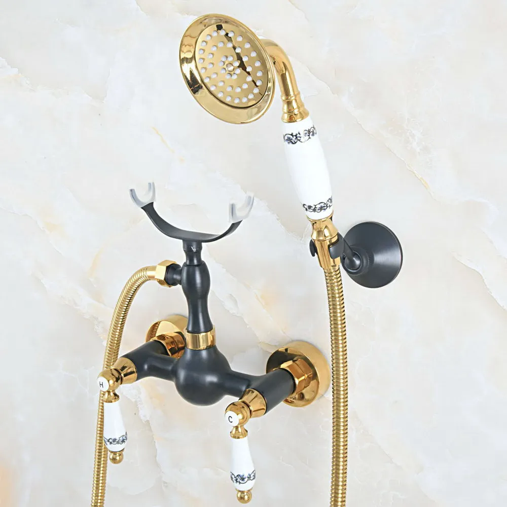 Gold & Black Oil Rubbed Brass Wall Mount Bathtub Faucet with Handheld Shower Set +1.5M Hose Mixer Tap 2na557
Gold & Black Oil Rubbed Brass Wall Mount Bathtub Faucet with Handheld Shower Set +1.5M Hose Mixer Tap 2na557