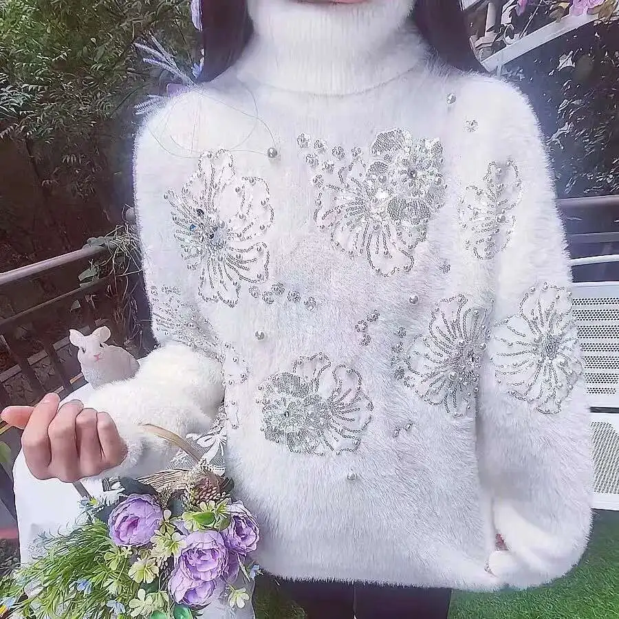 Autumn Winter Thick Faux Fur Turtleneck Sweater For Women Long Sleeve Outerwears Knitted Pullover Sequined Beaded New Knit Top
Autumn Winter Thick Faux Fur Turtleneck Sweater For Women Long Sleeve Outerwears Knitted Pullover Sequined Beaded New Knit Top