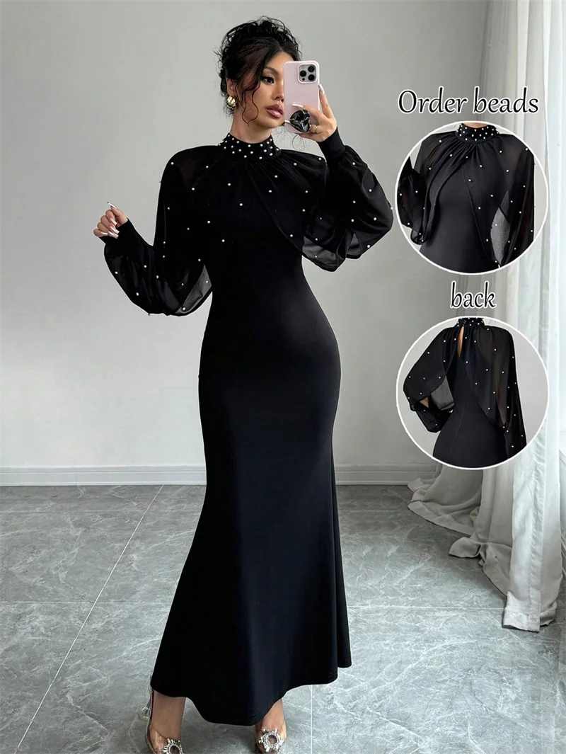 Pearls Black Prom Dress Elegant High Neck Full Sleeves Long Sheath Mermaid Party Gown Formal Wedding Guest Birthday Robe
Pearls Black Prom Dress Elegant High Neck Full Sleeves Long Sheath Mermaid Party Gown Formal Wedding Guest Birthday Robe
