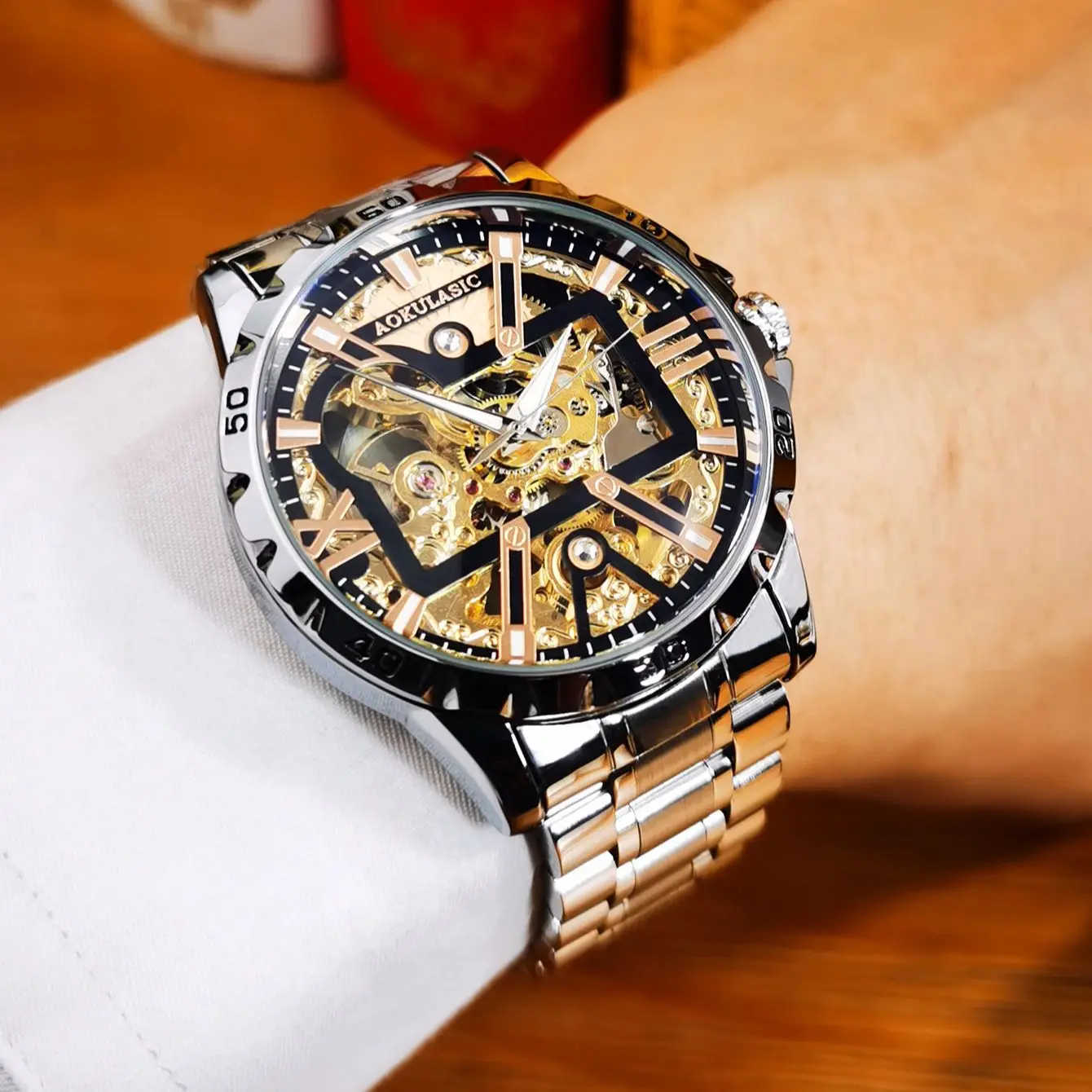 AOKULASIC Fashion Mechanical Watches Rose Gold Case Luminous Hands Skeleton Mens Watches Top Brand Luxury Steel Leather Strap
AOKULASIC Fashion Mechanical Watches Rose Gold Case Luminous Hands Skeleton Mens Watches Top Brand Luxury Steel Leather Strap