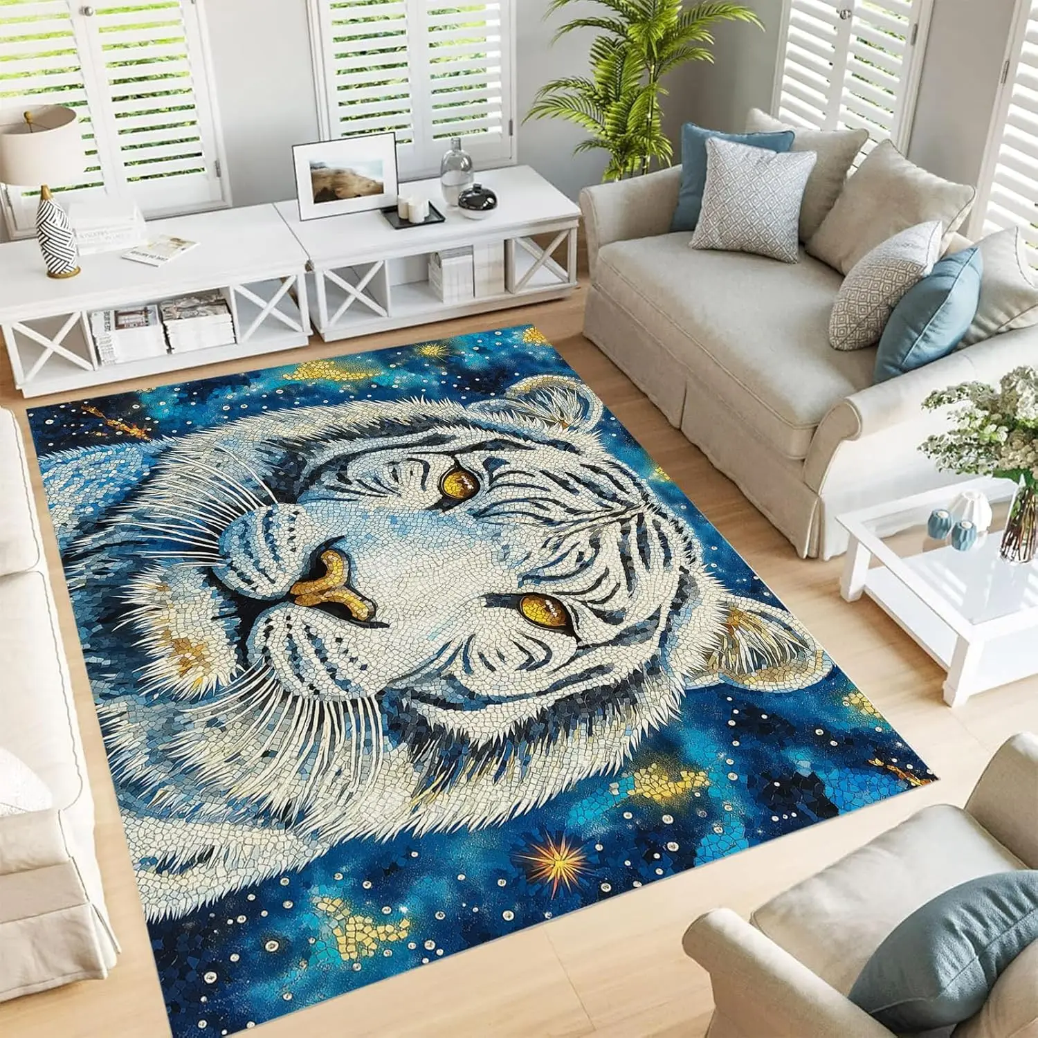 Starry Sky White Tiger Mosaic Rug, Artistic Cosmic Background Non-Slip Floor Mat for Bedroom & Living Room, Mystical Wild Home
Starry Sky White Tiger Mosaic Rug, Artistic Cosmic Background Non-Slip Floor Mat for Bedroom & Living Room, Mystical Wild Home