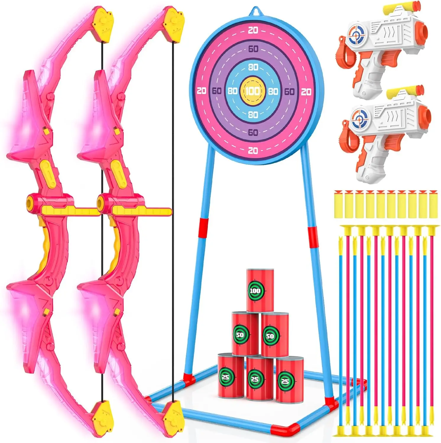 2 Pack Kids Bow and Arrow Set, Pink Light Up Archery Toy Set, 2 Foam Dart Blaster & 6 Target Cans Toys for Ages 5-7
2 Pack Kids Bow and Arrow Set, Pink Light Up Archery Toy Set, 2 Foam Dart Blaster & 6 Target Cans Toys for Ages 5-7