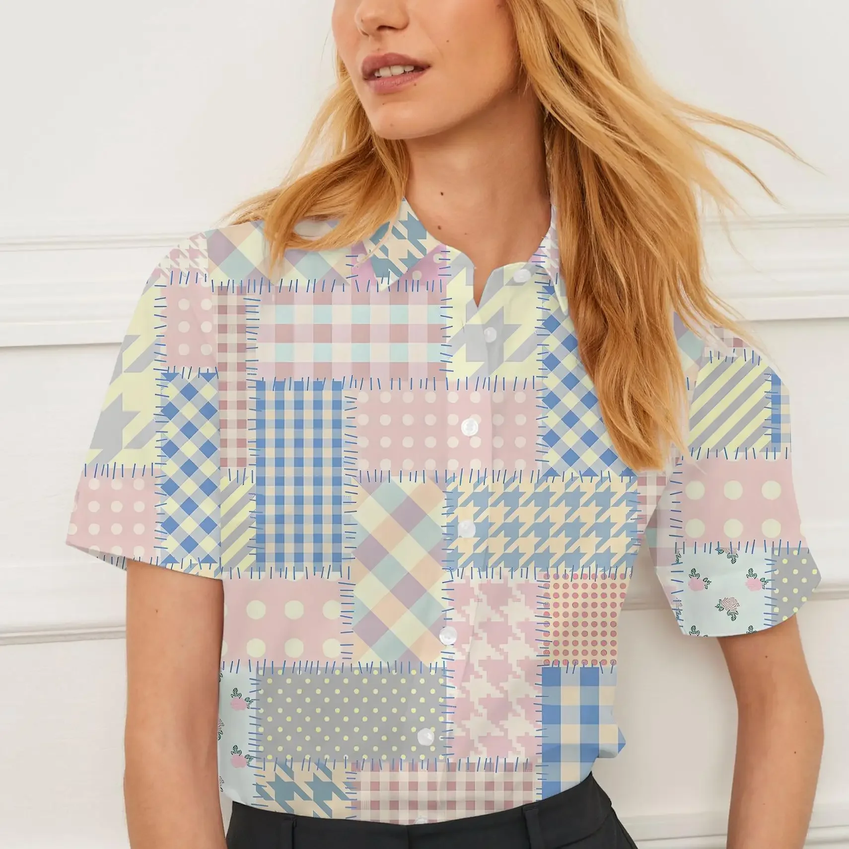 Short-sleeved summer shirt with lapel for women patchwork pattern design women's tops fashion casual breathable daily personalit
Short-sleeved summer shirt with lapel for women patchwork pattern design women's tops fashion casual breathable daily personalit