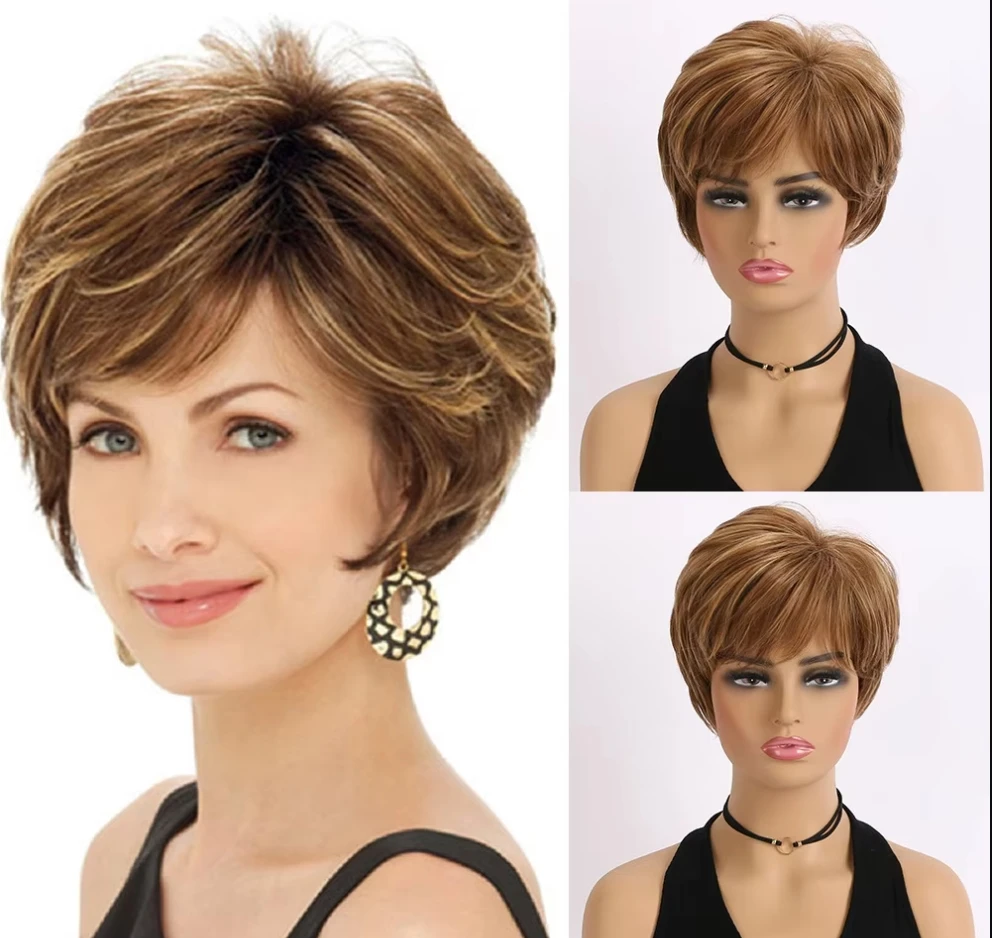 Synthetic Short Pixie Cut Brown Mixed Golden Yellow Wigs Layered Curly Wig with Fluffy Bangs for Women Daily Fake Hair
Synthetic Short Pixie Cut Brown Mixed Golden Yellow Wigs Layered Curly Wig with Fluffy Bangs for Women Daily Fake Hair