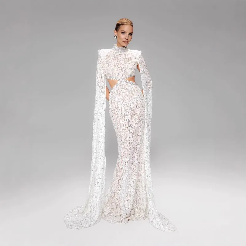 Women White Turtleneck Lace Dress Set Shawl Sleeves Waist Dinner Dress
Women White Turtleneck Lace Dress Set Shawl Sleeves Waist Dinner Dress