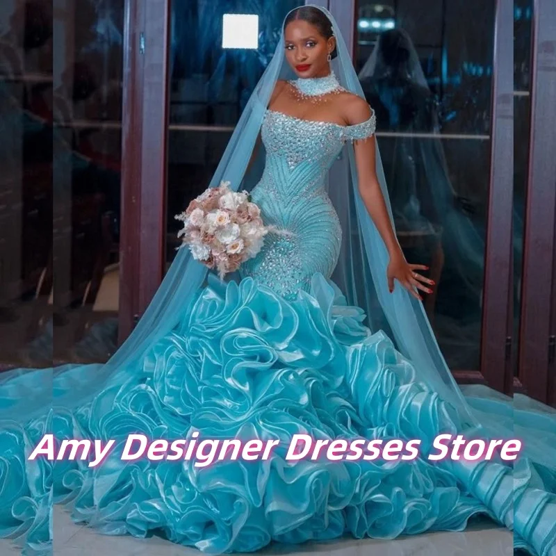 Graceful Blue High Neck Mermaid Wedding Dresses With Multi-Layered Ruffles Mermaid Luxury Bride Gowns African Females Customized
Graceful Blue High Neck Mermaid Wedding Dresses With Multi-Layered Ruffles Mermaid Luxury Bride Gowns African Females Customized