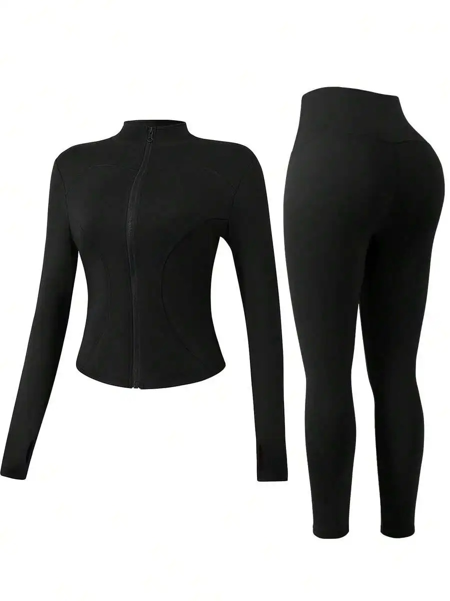 Womens Stand Collar Long Sleeve Zip-Up Crop Top And High Waist Leggings Workout Set
Womens Stand Collar Long Sleeve Zip-Up Crop Top And High Waist Leggings Workout Set