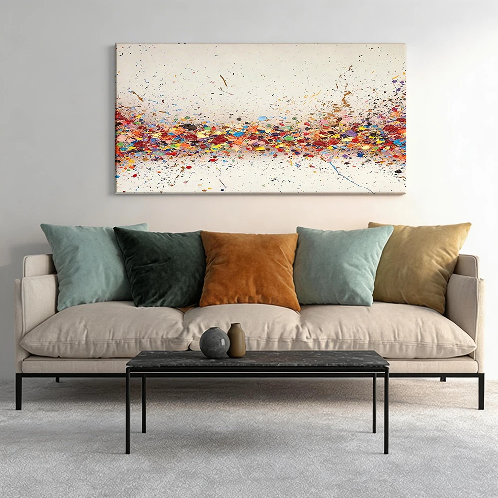 Large-sized solid wood frame canvas painting 1pc Artwork, multicolored paint splatters.
Large-sized solid wood frame canvas painting 1pc Artwork, multicolored paint splatters.