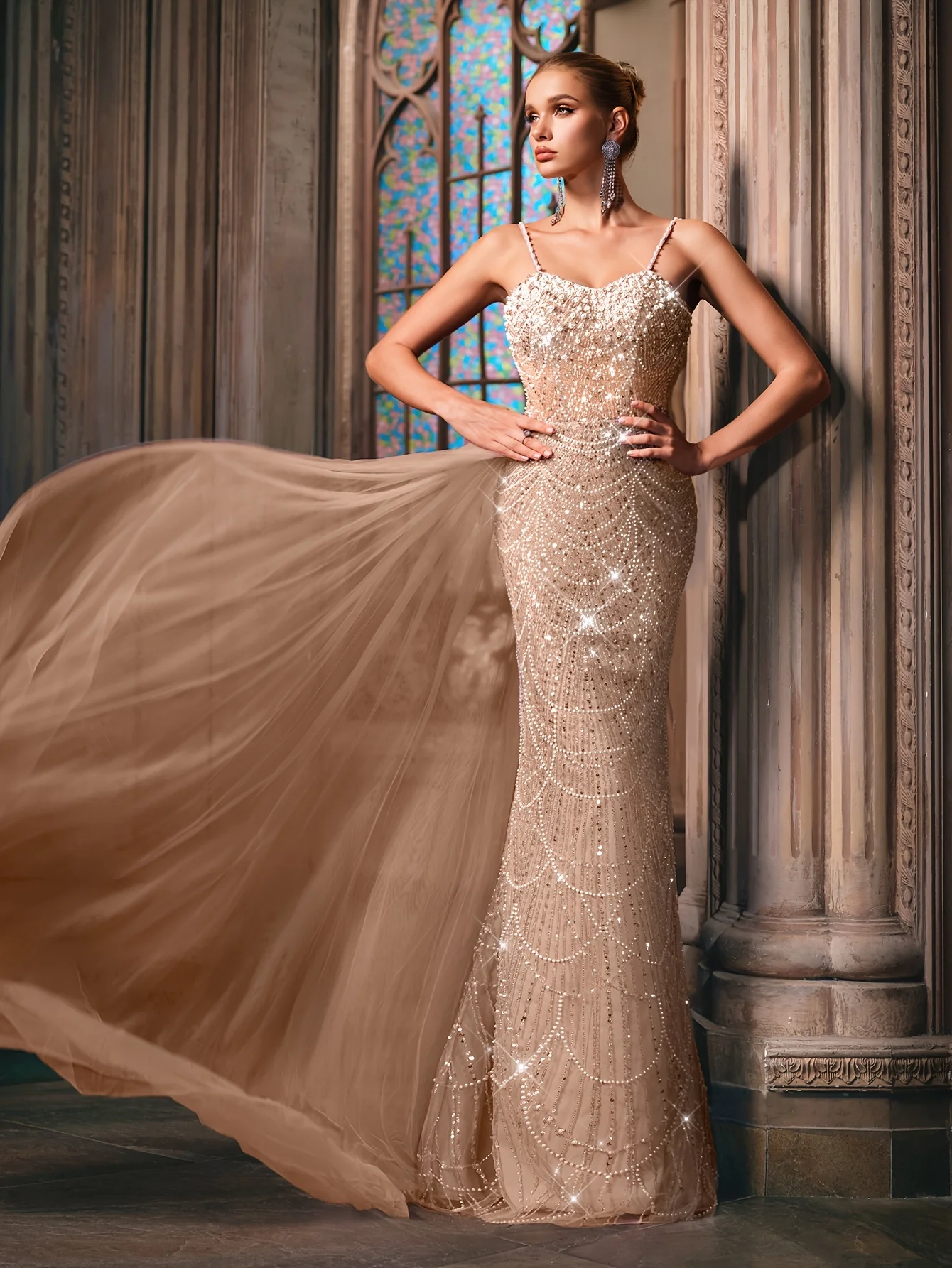 Luxury Champagne Pearl Sequin Dress, Spaghetti Strap Mermaid Gown with Tulle Train, Elegant Wedding Guest Prom Dress Customized 
Luxury Champagne Pearl Sequin Dress, Spaghetti Strap Mermaid Gown with Tulle Train, Elegant Wedding Guest Prom Dress Customized